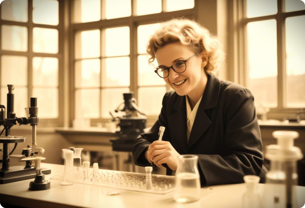 Marie Curie in a lab