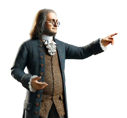 DALL E 2024 08 24 21.41.44 A realistic depiction of Benjamin Franklin confidently teaching in a modern classroom. He is dressed in his traditional 18th century attire including removebg preview 1 e1724583434332